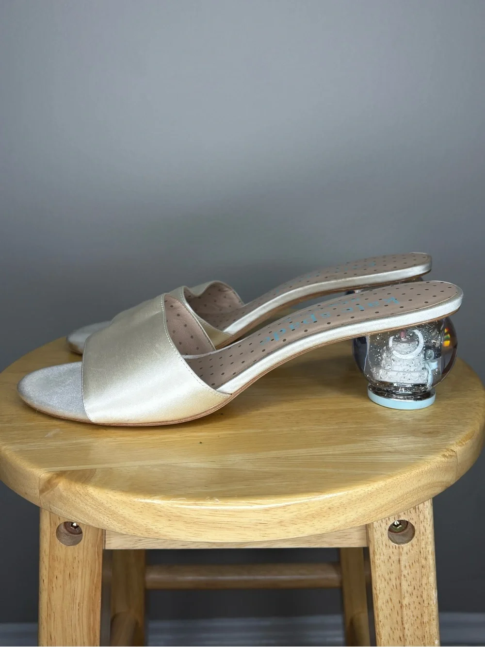 kate spade Champagne Satin Slide Heels with Clear Orb Heel